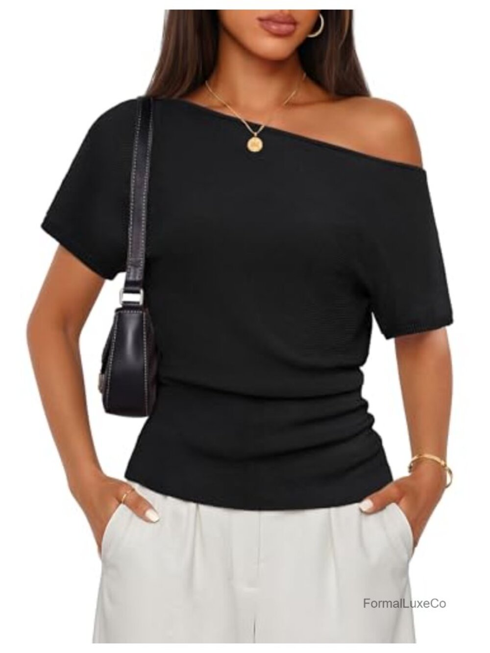 Off Shoulder Short Sleeve Knit Sweater Lightweight Stretchy Summer Top